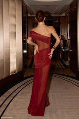 Dallas One Shoulder Mesh Maxi Dress - Burgundy